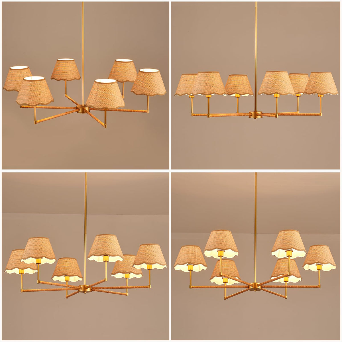 39” Boho Rattan Chandelier 6 (Brass 6 Lights)