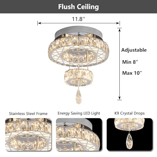 Modern Glam Ceiling Chandelier Bedroom Light Fixtures Crystal Flat Sloping Ceiling Lights for Hallway Kitchen Dining Room Dimmable Light with Remote Silver (12 inch / Silver)