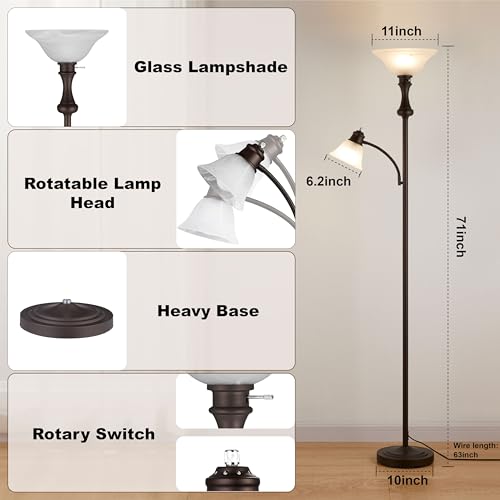 Torchiere Brown Floor Lamp with Adjustable Angle Reading Lamp (Red Brown)