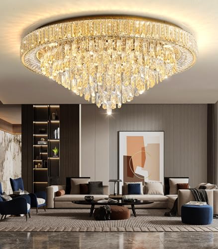 Modern Crystal Large Chandeliers LED Dimmable Flush Mount Ceiling Chandeliers for Living Room High Ceiling Entrance Foyer Bedroom (Gold / 39.3" Width)