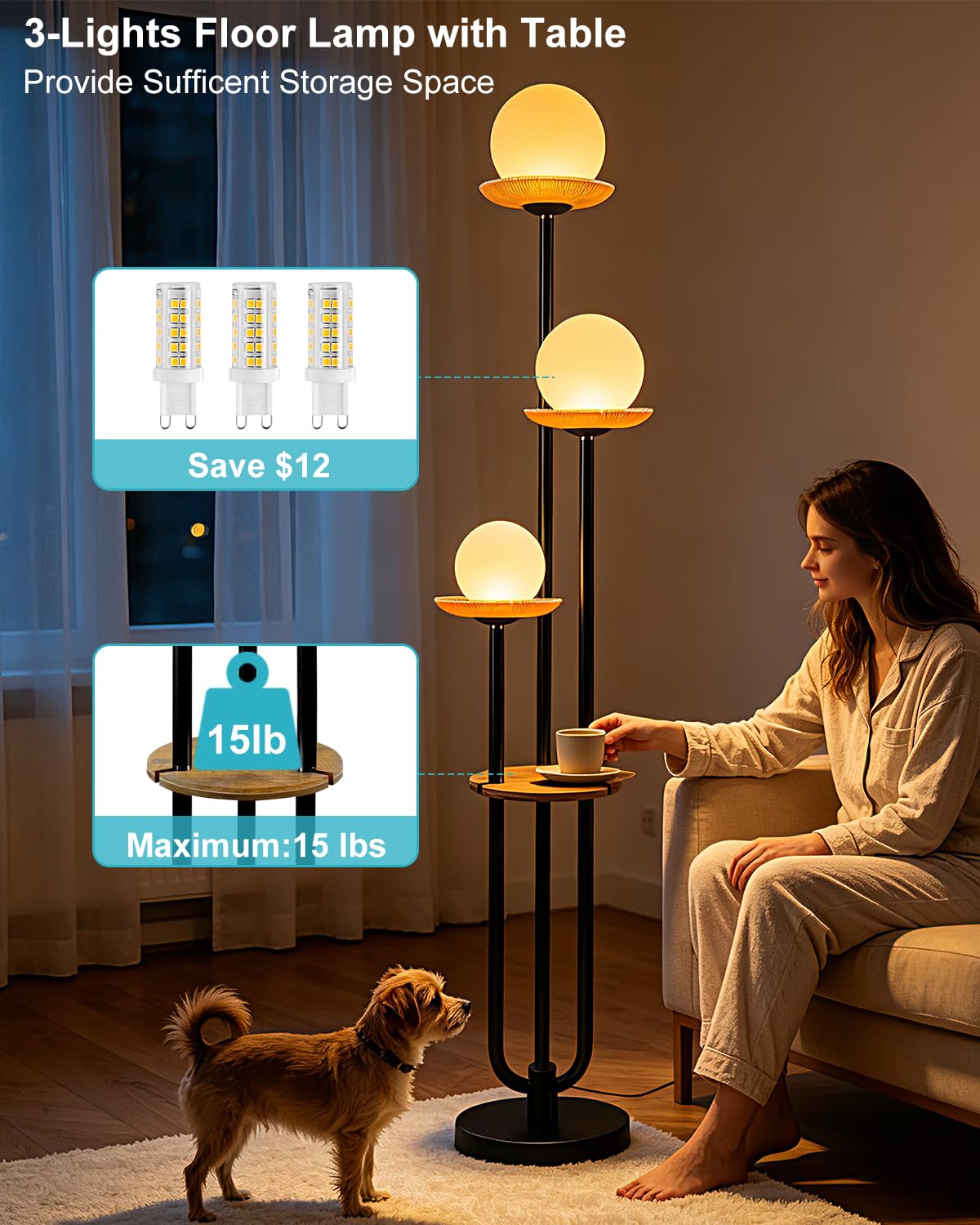 3 Globe Floor Lamp with Amber Glass Tray Black Dimmable Tall Lamp (Brown-3U Black)