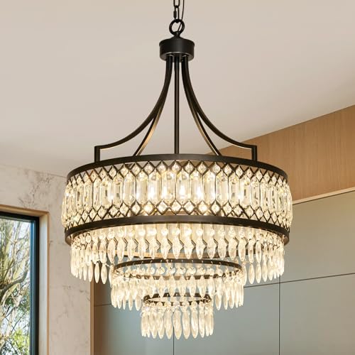 20'' Crystal Chandeliers for Dining Room Modern Black Pendant Light Fixture for Foyer Entryway Bedroom Hallway Kitchen Bar Dining Room (Black)