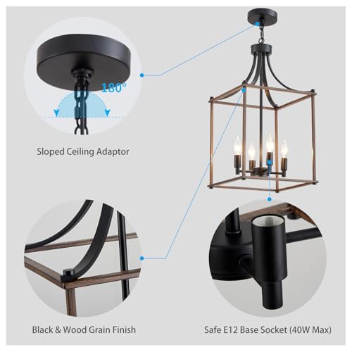 Modern Farmhouse Chandeliers for Dining Room (Lantern-Black Wood Grain)