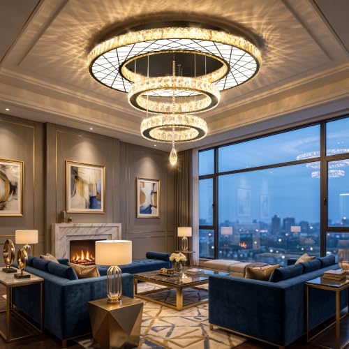 Crystal Glam Chandelier LED Ceiling Light Living Room Lighting Fixtures Remote Dimmable Ceiling Chandeliers 32 Inches Light Black Lamp (32 inch / Black)