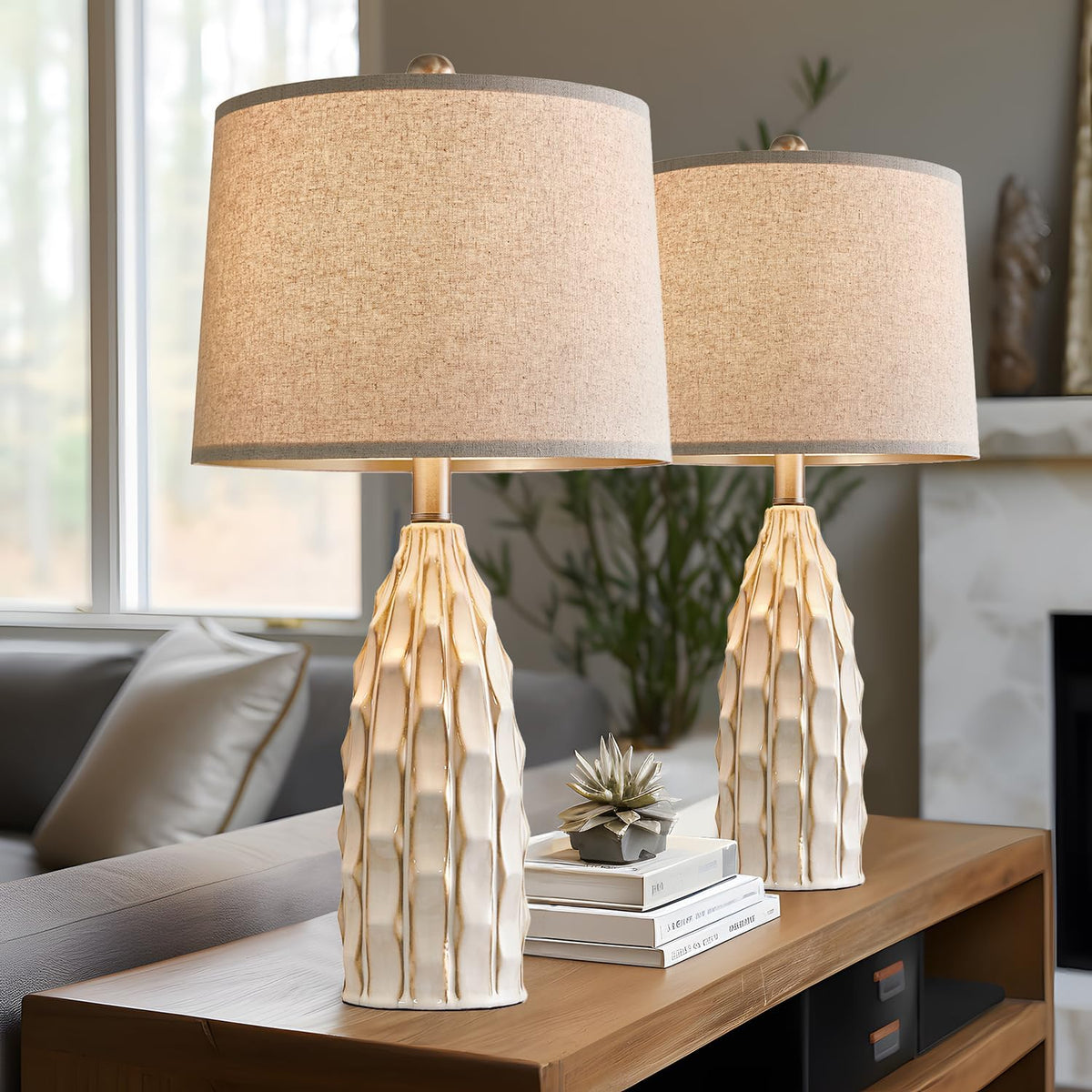Ceramic Table Lamps Set of 2 (B 23.75"-Cream-2Pack)