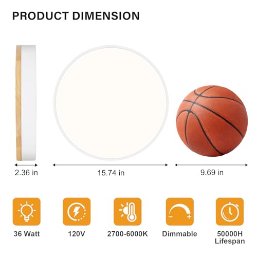 Dimmable LED Wood White Round Flush Mount Ceiling Light 15.74 Inch (White- Dimmable / 15.74 Inch)