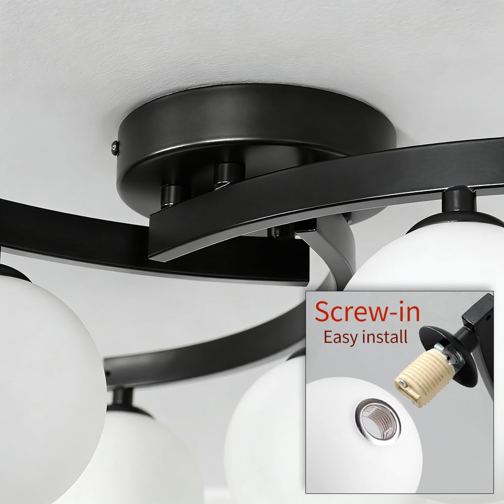Modern Mid Century Black Glass Globe Semi Flush Mount Ceiling Light Fixture (6 Light)