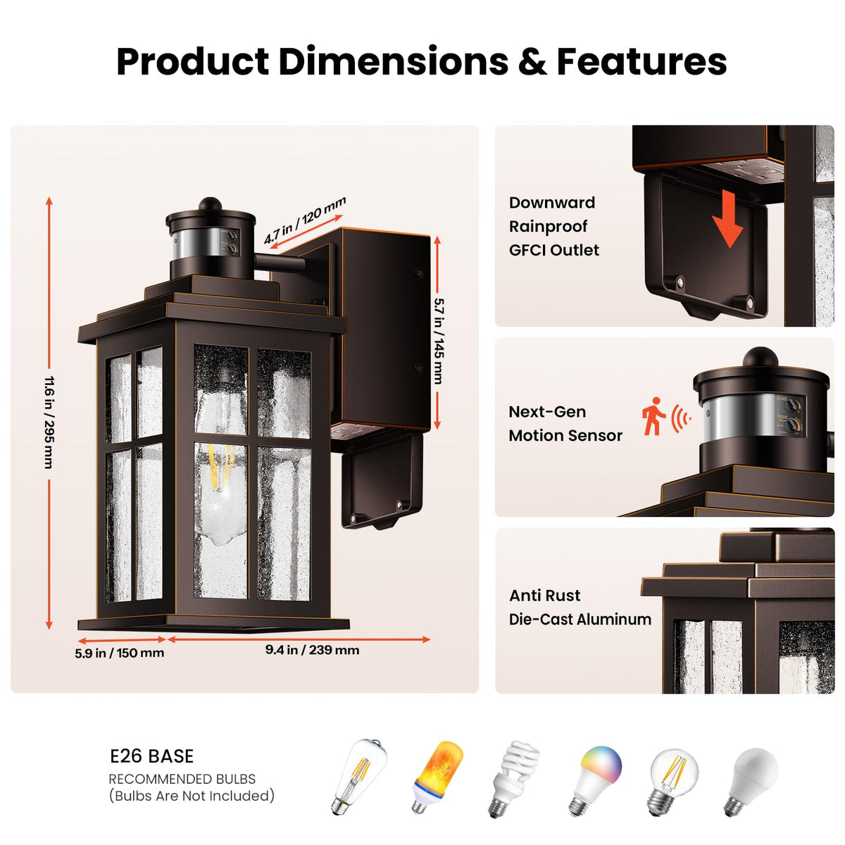 Motion Sensor Outdoor Sconce Lights with GFCI Outlet (Motion Sensor-ORB(Gold Trim) / 1-Pack)