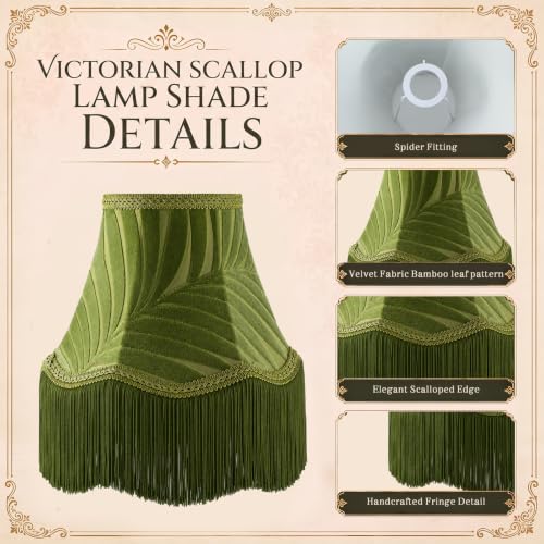 2 Pcs 5 x 10 x 7.5 Inch Green Scalloped Lamp Shades with Fringe Trim Vintage Victorian Bell Lampshades Replacement Fabric Natural Tapered Lampshades Decor for Wall Sconce Pendant Light (Green / 5 x 10 x 7.5 Inch)