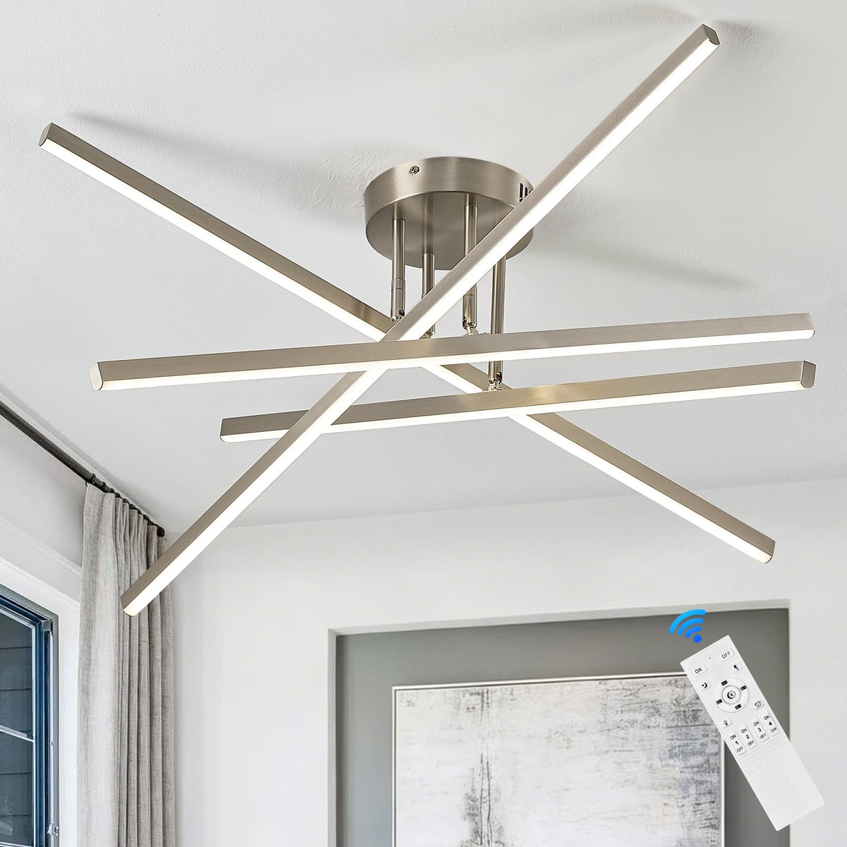 Nickel Modern LED Chandelier Large 31.5" Semi (Nickel-A / 4 Lights - Remote Control - 31.5")