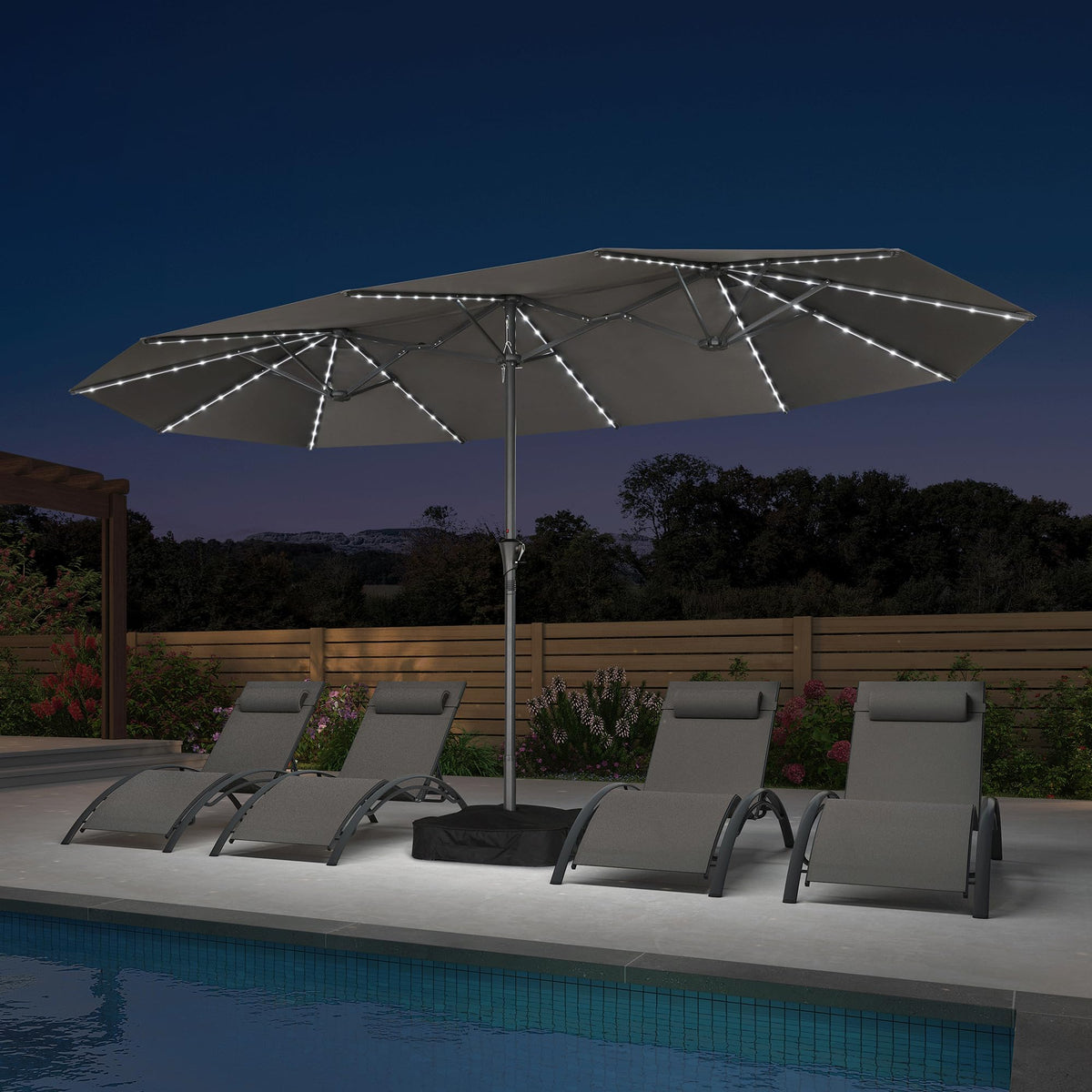 Patio Umbrella 14ft with Base and Solar Lights Outdoor (Grey)