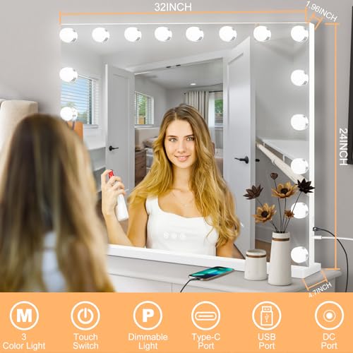 Vanity Mirror with Lights (White / 32"L x 24"W)