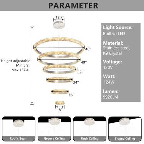 47" 6 Ring Crystal Chandelier Modern LED Dimmable Ring Pendant Light Chandelier for Dining Room Living Room Silver (Silver / 6 Ring Round 47")