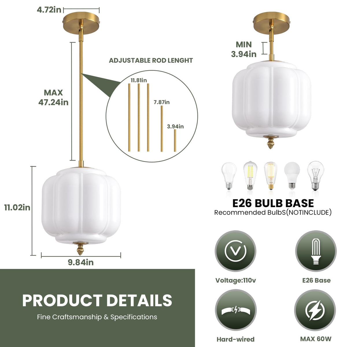 Vintage Milk Glass Pendant Lights 9.8 Inch Mid Century Modern Hanging Ceiling Light (White-1 Pack / 9.8 inch)