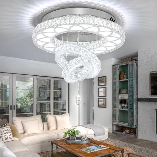 Dia 24" Crystal Chandelier Crystal Silver Ceiling Light Fixtures LED Flush Mount Ceiling Light for Living Room Bedrooms Dining Room Dimmable 2700k 4500k 6000k (Silver / W:24inches)