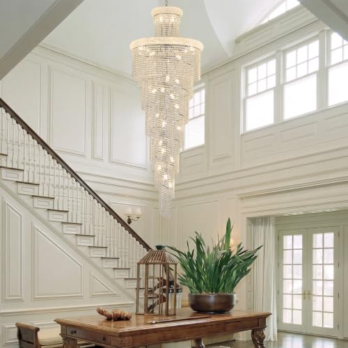 34 Light Extra Large Long Spiral Crystal Chandelier for High Ceiling Foyer Entryway Living Room Staircase Chrome Finish 86'' H X 32'' W X 32'' D (Chrome / 86'' H X 32'' W X 32'' D)