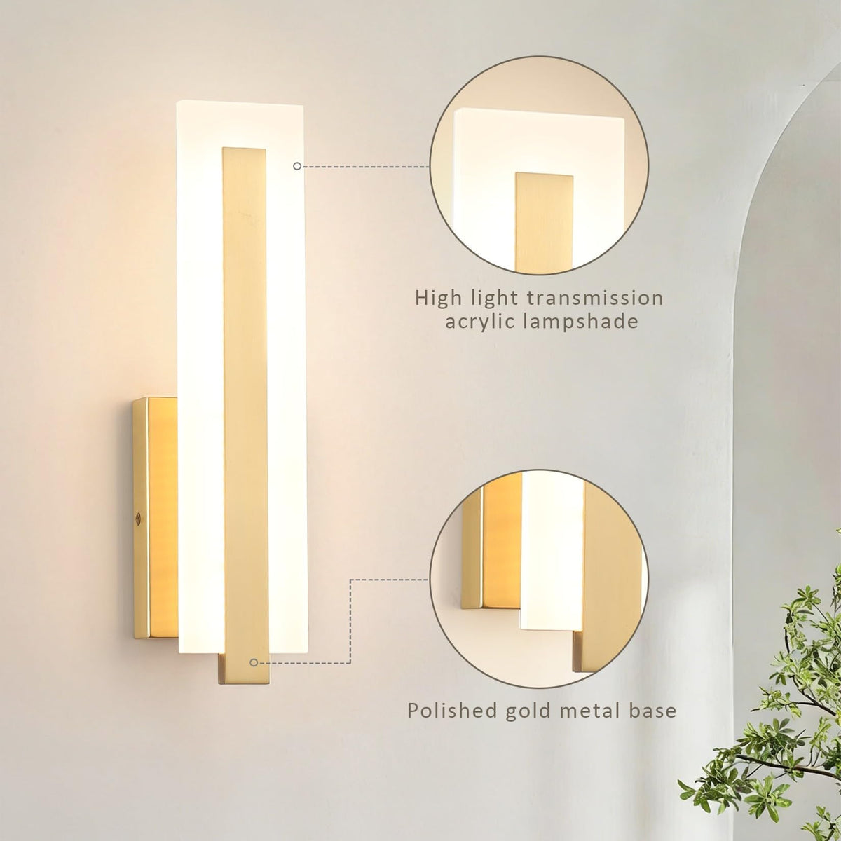 Hardwired Gold Dimmable Modern LED Wall Sconce 2 Packs 3000K 3500K 4000K 5000K 6000K Indoor Wall Lights Up and Down Wall Mount Light for Living Room Bedroom Hallway Corridor (Gold)