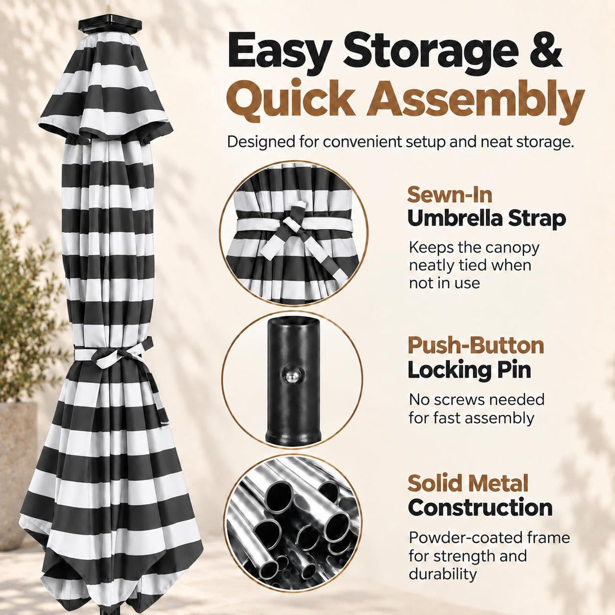 9FT Solar Patio Umbrella w (Black/White / 9FT)