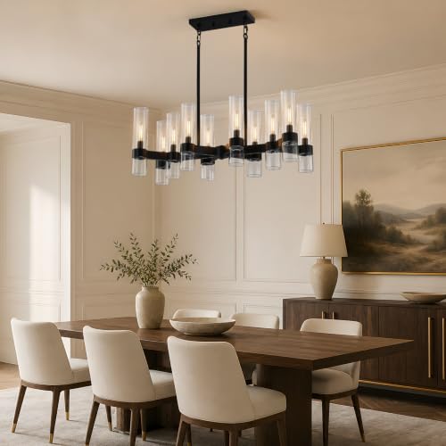 10 Light Black Chandeliers for Dining Room with Clear Glass Shade (Black / 10-Light L32")