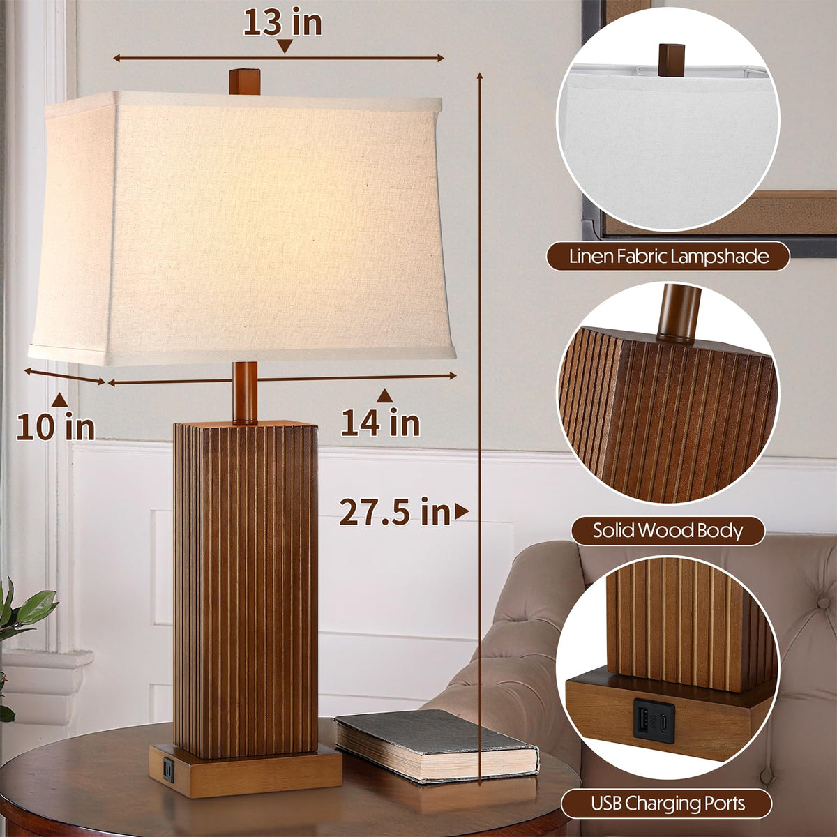 27.5" Wood Table Lamp for Bedroom (Walnut Wood 1 Pack)