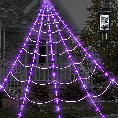 Spider Web Lights Halloween Decorations Outdoor 16.4FT Giant Spiderweb Lighted Decor 135 Purple LED Light Up Outside House Yard Garden Porch Tree Party Large Huge Big Fake Triangular Cobweb Decorative (White web, Purple lights)