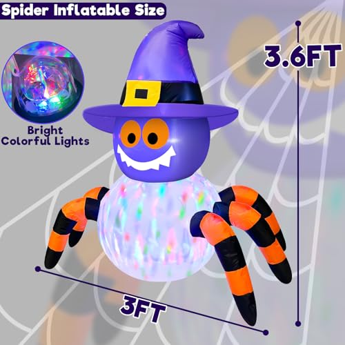 3.6 Ft Halloween Inflatable Spider with Rotating Colorful Lights