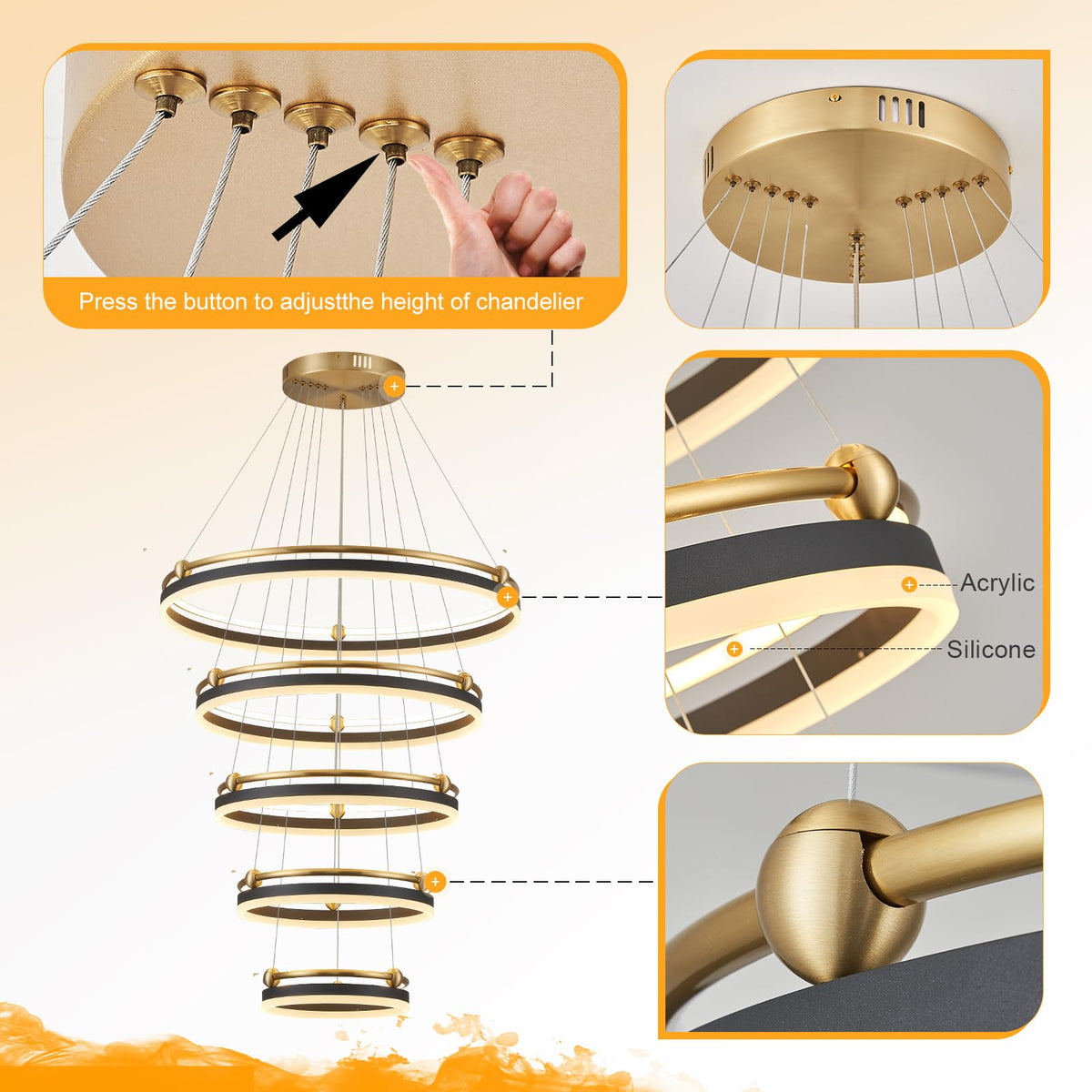 5 Rings LED Chandelier Black Gold Dimmable Large High Ceiling Chandeliers (5 Ring Circular D29.5in / Black Gold)