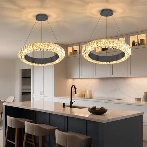 16" Ring Modern LED Dimmable Crystal Chandelier Adjustable Height Pendant Light Round Crystal Chandelier Light Fixtures for Dining Room Living Room Kitchen Island Black (Black / 1 Ring Round 16")