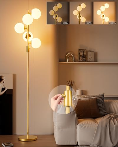 Dimmable 5 Globe Floor Lamp Mid Century Modern Floor Lamp with 5Pcs 3000K Bulbs Included Brightness Adjustable Gold Standing Lamps for Living Room (5G-C-Gold)