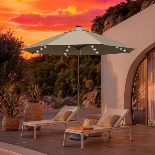 USA 10-Year-Non-Fading 10ft Market Patio Umbrella, Commercial Grade Table Sun Umbrella with 80 Solar LED Lights, Crank Open, Windproof & UPF 50+ UV Protection for Garden, Deck, Pool, Backyard, No Tilt, Mushroom (Mushroom / 10FT(Single Vent No Tilt))