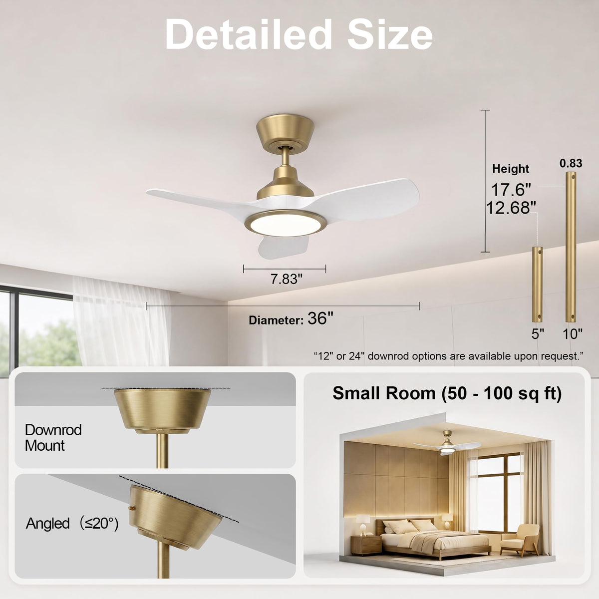 2 Pack 36" Small Ceiling Fan with Light (White & Gold / 36 Inch)