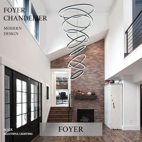 9 Rings D39.4in Modern LED Chandelier Black Dimmable High Ceiling Foyer Chandeliers Entryway with Remote Control for Staircase Entryway Living Room Foyer (Black / 9 Rings 39.4in)