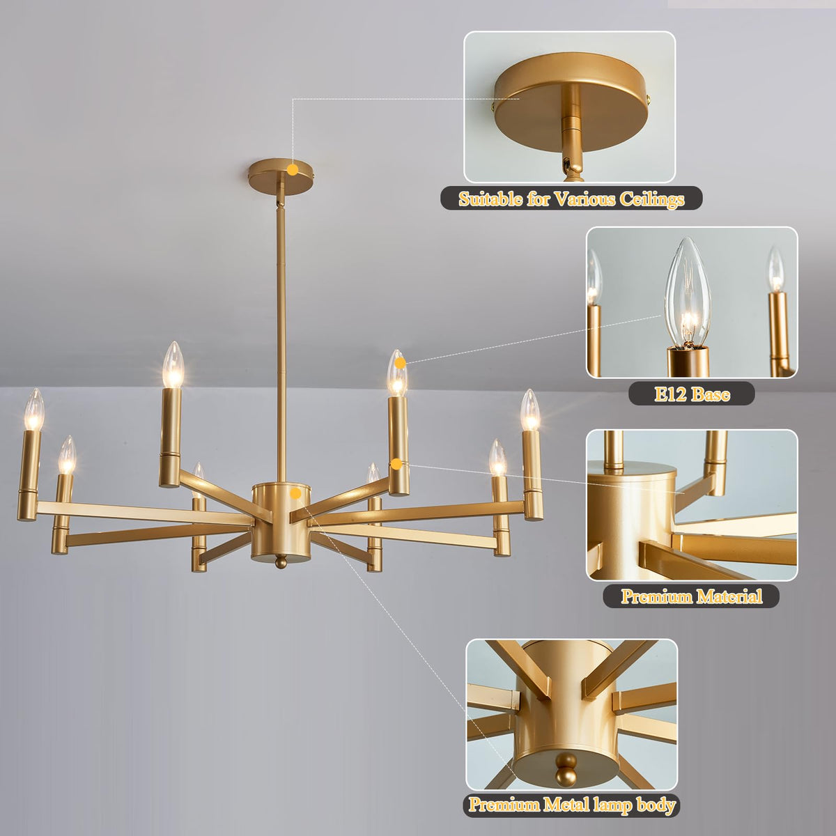 8 Light Gold Candle Chandeliers Modern Farmhouse Ceiling Light Fixture Industrial Lighting for Dining Room Living Room Bedroom Kitchen Island Foyer (Gold)