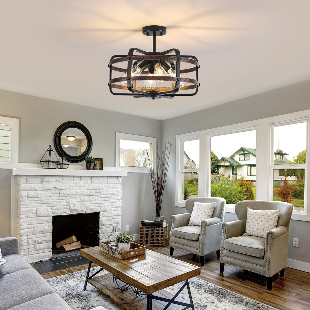 17.71'' Farmhouse Cage Semi Flush Mount Ceiling Light Fixture 4 (17.71''-Black&Brown-E26)