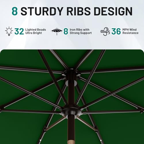 12FT Large Patio Umbrella with Solar Lights (Dark Green / 12 FT)