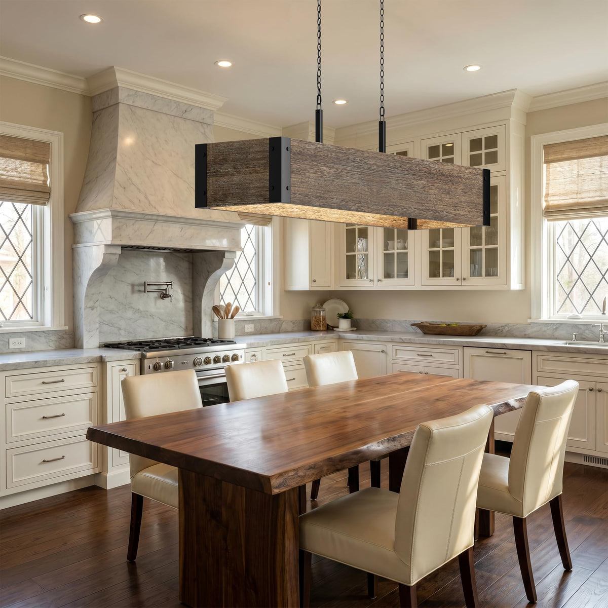 White Washed Wood Chandelier (White Washed Wood / 5-Light Rectangular)
