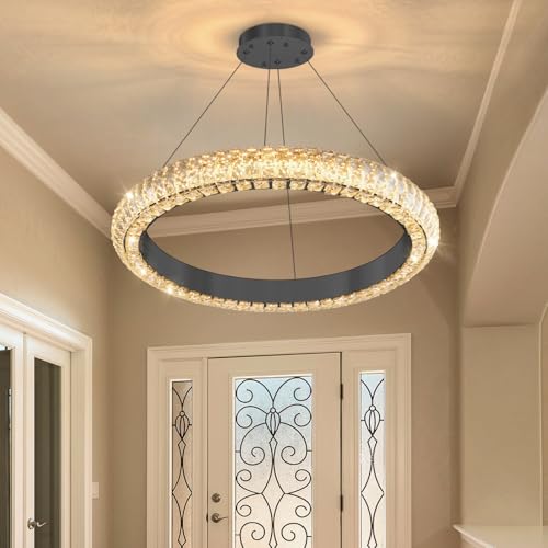 24" Ring Modern LED Dimmable Crystal Chandelier Adjustable Height Pendant Light Round Crystal Chandelier Light Fixtures for Dining Room Living Room Kitchen Island Black (Black / 1 Ring Round 24")