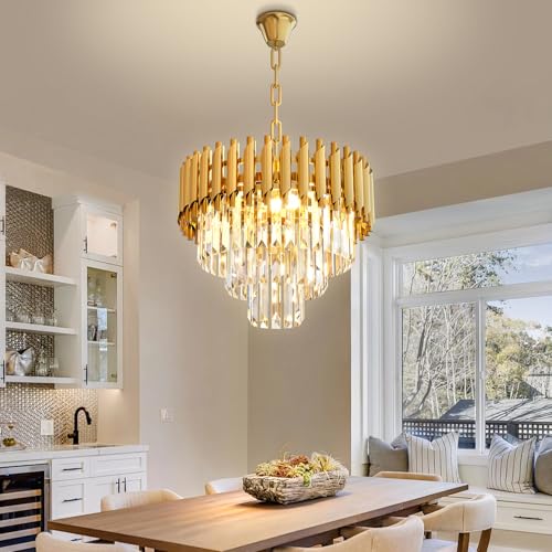 Modern Gold Crystal Chandelier 16" Round Chandeliers for Dining Room 3 Tiers Ceiling Pendant Light Fixtures Adjustable Hanging Chandeliers for Living Room Foyer Bedroom Kitchen (D15.5"XH13.3" Gold)