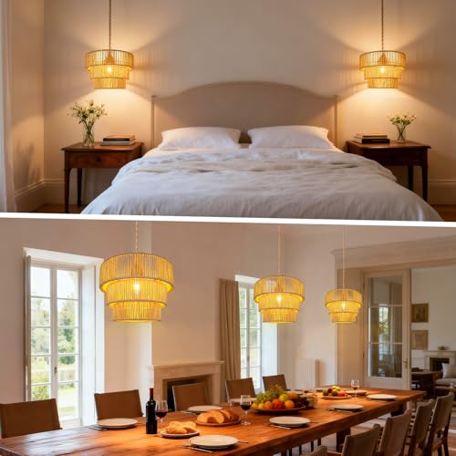 Hanging Light Rattan Lamp Shades Boho Lamp Shade Pendant Light (12.5 Inch Boho Lamp Shape)