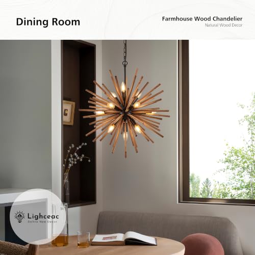 Farmhouse Sputnik Chandelier for Dining Room Rustic Handmade Natural Wood