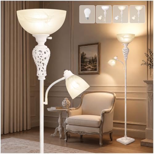 Torchiere Floor Lamp with Adjustable Reading Light for Living Room Corner (Washed White)