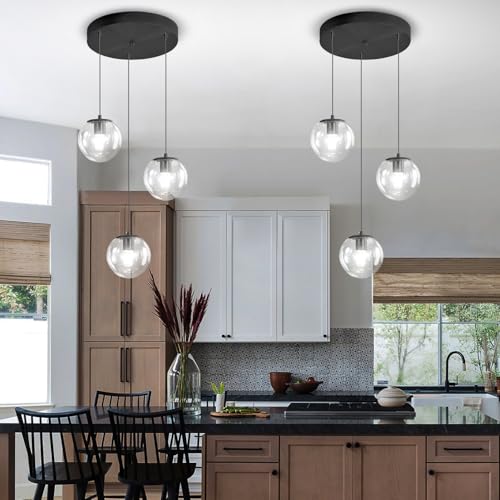 3 Light Small Chandelier LED Modern Glass Globe Pendant Light Chandeliers for Entryway Lighting Fixture Bedroom and Dining Room (Black-Clear / Globe 3-Light)