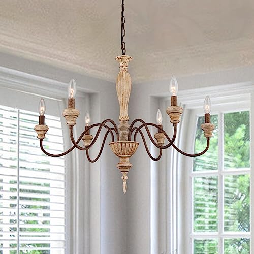 6 Light 28in Farmhouse French Country Chandelier for Dining Room (Brown)