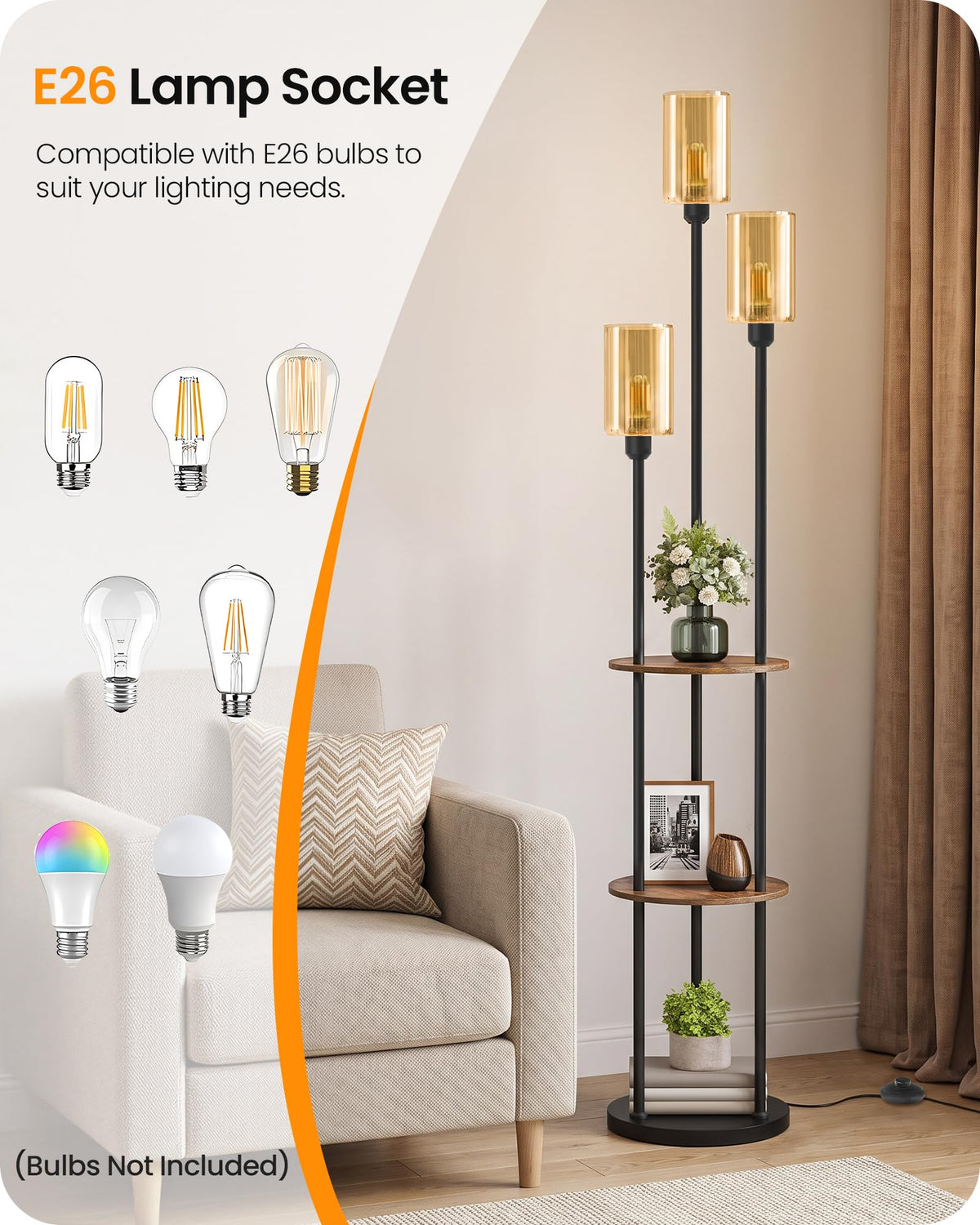 71" Floor Lamp with Shelves (Rustic Brown + Amber Glass)