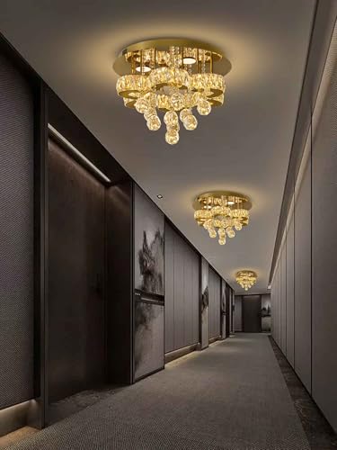16" Gold Crystal Chandelier Semi Flush Mount Ceiling Light Crystal Close to Ceiling Light Fixtures for Bedroom Living Room Kitchen Hallway Dimmable Lighting 2700k 4500k 6000k (Gold / 16inch)