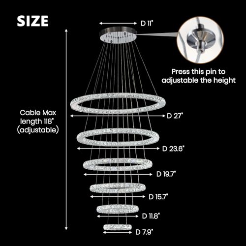Modern Crystal Chandelier for High Ceiling Lights Fixtures Luxury 6 Ring Led Chandelier for Dining Room Big High Ceilings Foyer Chandeliers for Living Room Entryway Staircase (6 Ring-big)