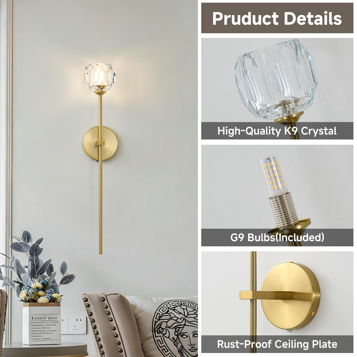 Gold Crystal Wall Sconces Brushed Brass Mid Century Modern Bathroom Sconce (Gold / 1 PC)