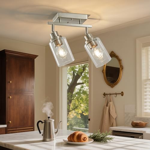 2 Light Brushed Nickel Bathroom Vanity Track Light Fixtures Ceiling Mount Kitchen Track Lighting Kit with Clear Glass Shade (Brushed Nickel / 2-Light)