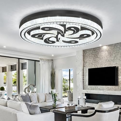 Modern Crystal Chandeliers for Dining Room Flush Mount Ceiling Chandelier for Living Room Dining Room Ring LED Crystal Ceiling Light (40in Black)