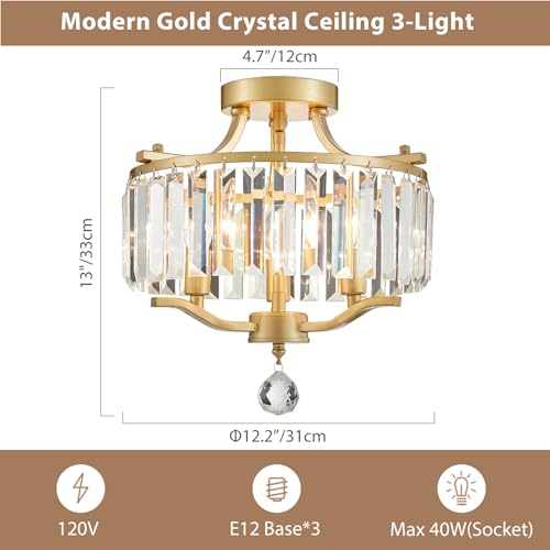 Crystal Gold Chandeliers Modern Farmhouse Small Chandelier 12.2 Inch 3 (055-Gold)
